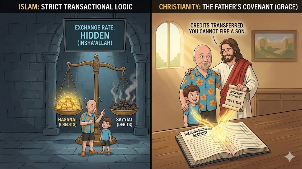 Conceptual visual: Illustration of a ledger or accounting book titled 'Sharia' with glowing green credits and red debits; columns are labeled 'Hasanat' and 'Sayyiat', and a shadowy hand hovers above, signifying the uncertainty of the final balance